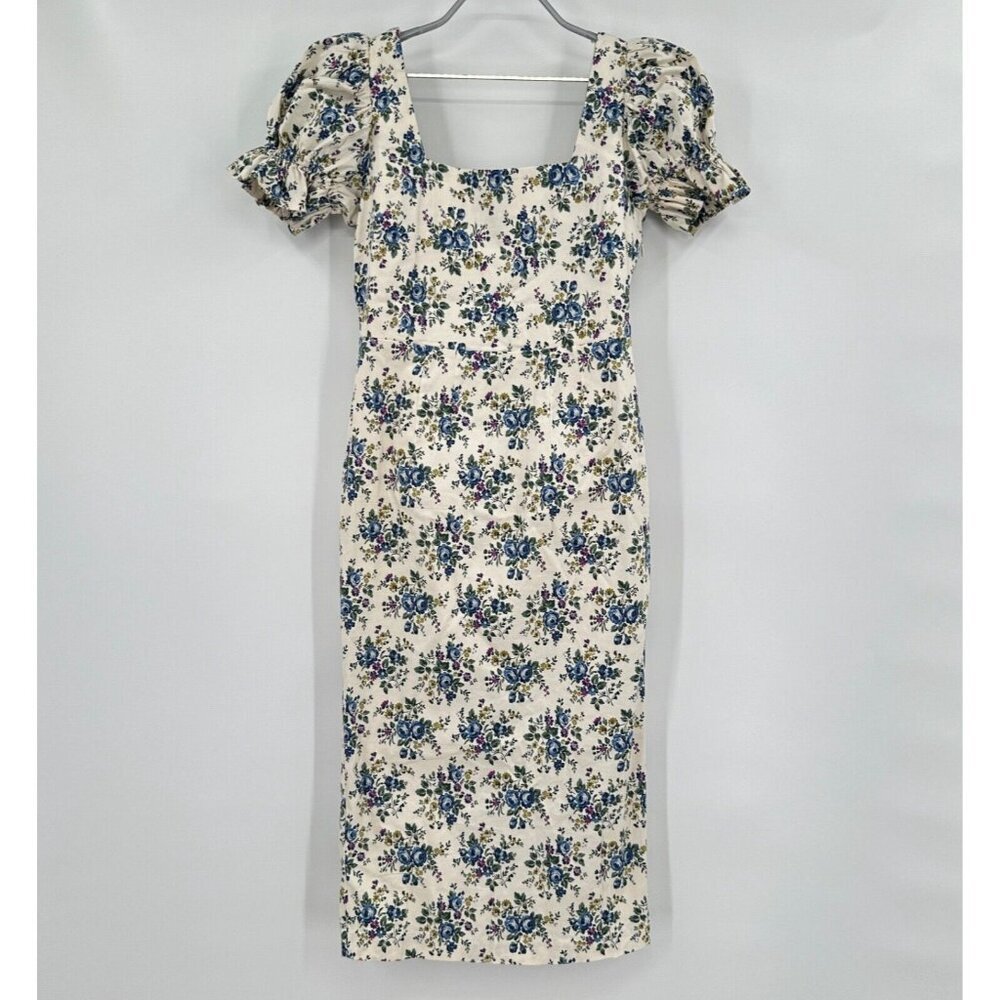 Hyacinth House by Tuckernuck Ivory Floral Esther Midi Dress size XS Puff Sleeve